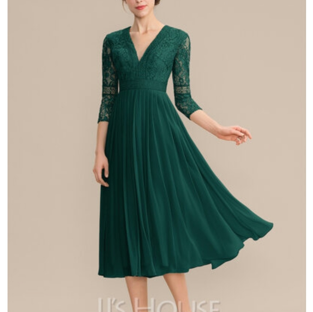 JJs House 3/4 sleeve chiffon lace green dress
